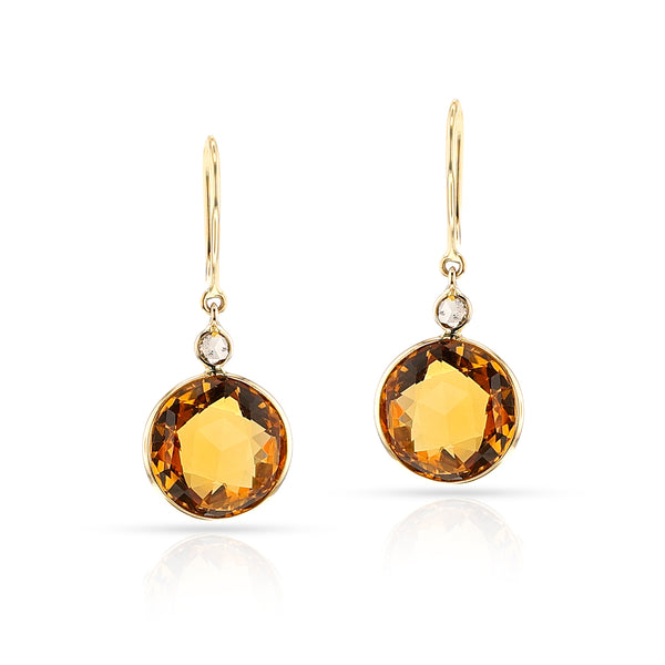 Round Citrine and Diamond Rose Cut Dangling Earrings, 18k