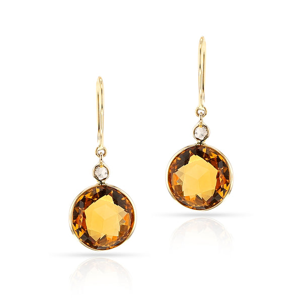 Round Citrine and Diamond Rose Cut Dangling Earrings, 18k