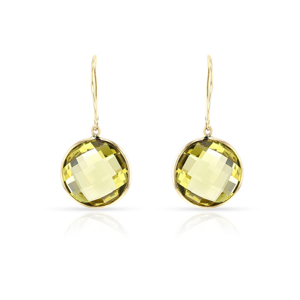 Round Lemon Topaz Hoop Dangling Earrings, 18k