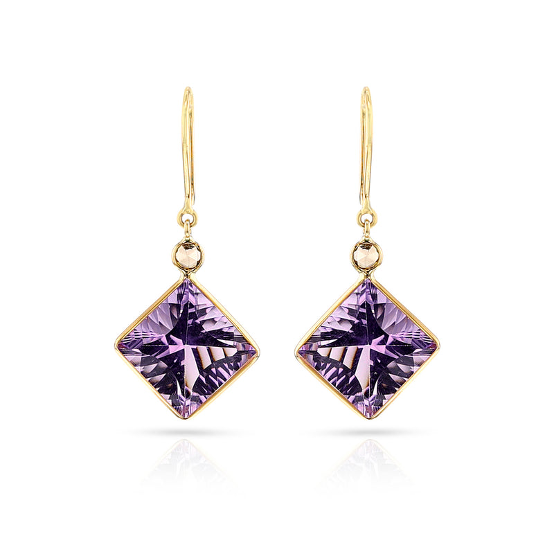 Kite Shape Amethyst and Diamond Rose Cut Hoop Dangling Earrings, 18k