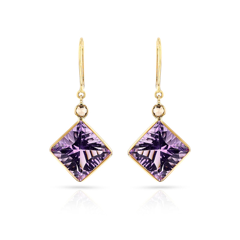 Kite Shape Amethyst and Diamond Rose Cut Hoop Dangling Earrings, 18k