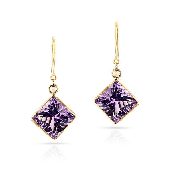 Kite Shape Amethyst and Diamond Rose Cut Hoop Dangling Earrings, 18k