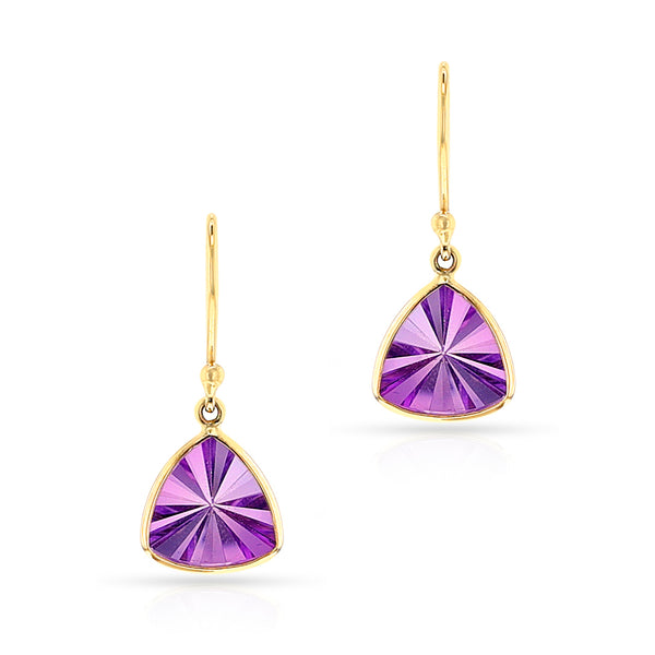 Triangular Amethyst Dangling Earrings, 18k