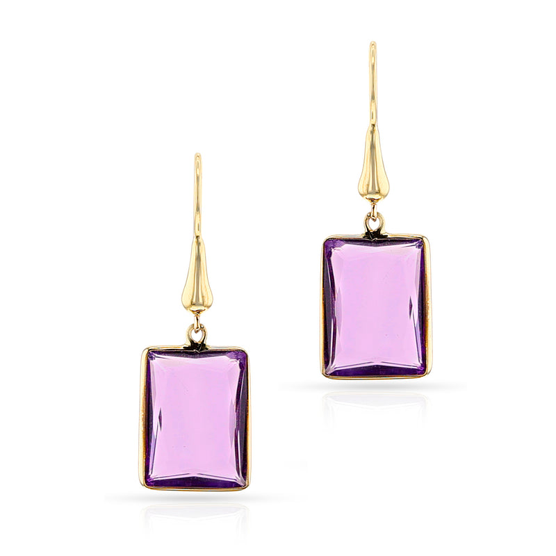 Rectangular Amethyst and Gold-Cap Dangling Earrings, 18k