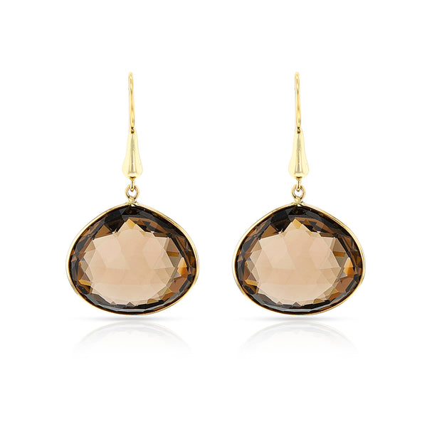 Smoky Quartz Dangling Gold-Cap Hoop Earrings, 18k