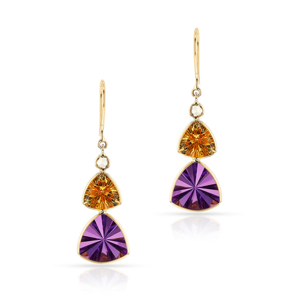 Triangular Citrine and Amethyst with Diamond Rose Cut Hoop Earrings, 18k