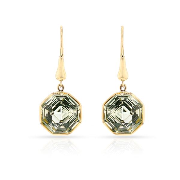 Octagonal-Cut Green Amethyst Gold-Cap Hoop Earrings, 18k