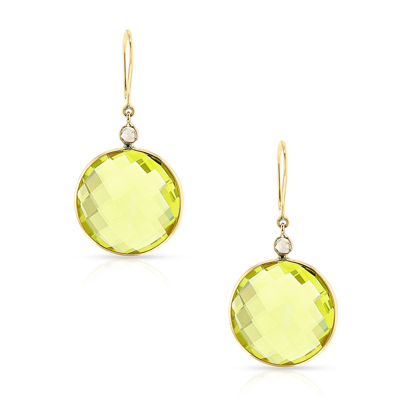 Round Lemon Topaz and Diamond Rose Cut Dangling Earrings, 18k