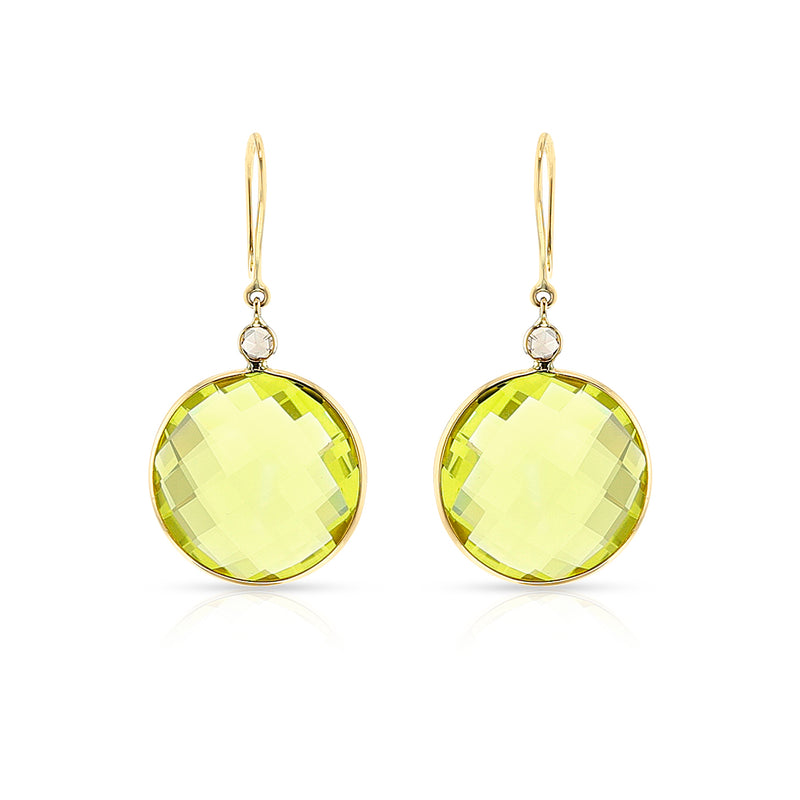 Round Lemon Topaz and Diamond Rose Cut Dangling Earrings, 18k