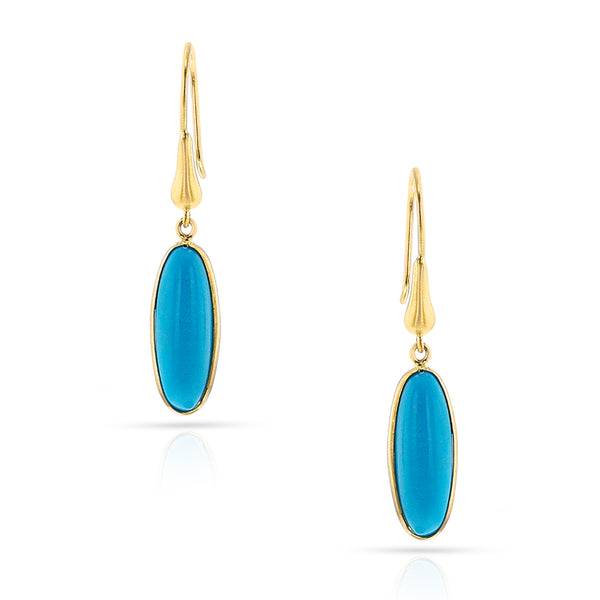 Elongated Oval Turquoise Gold-Cap Hoop Earrings, 18k