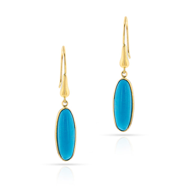 Elongated Oval Turquoise Gold-Cap Hoop Earrings, 18k