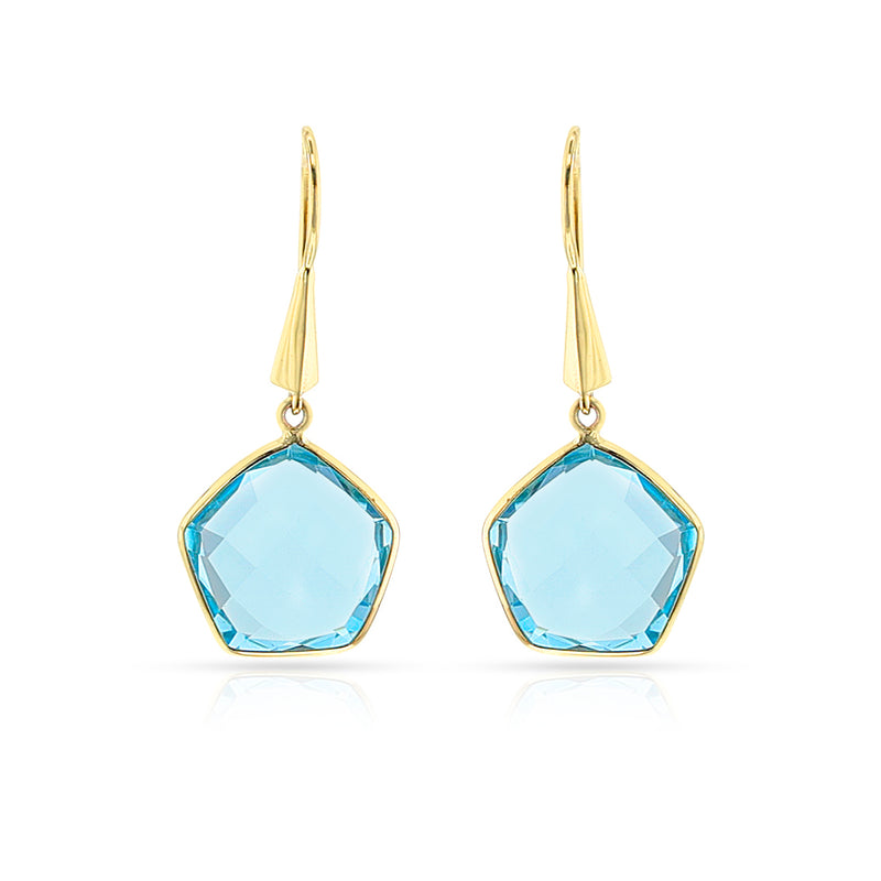 Pentagonal Blue Topaz Gold-Cap Hoop Earrings, 18k