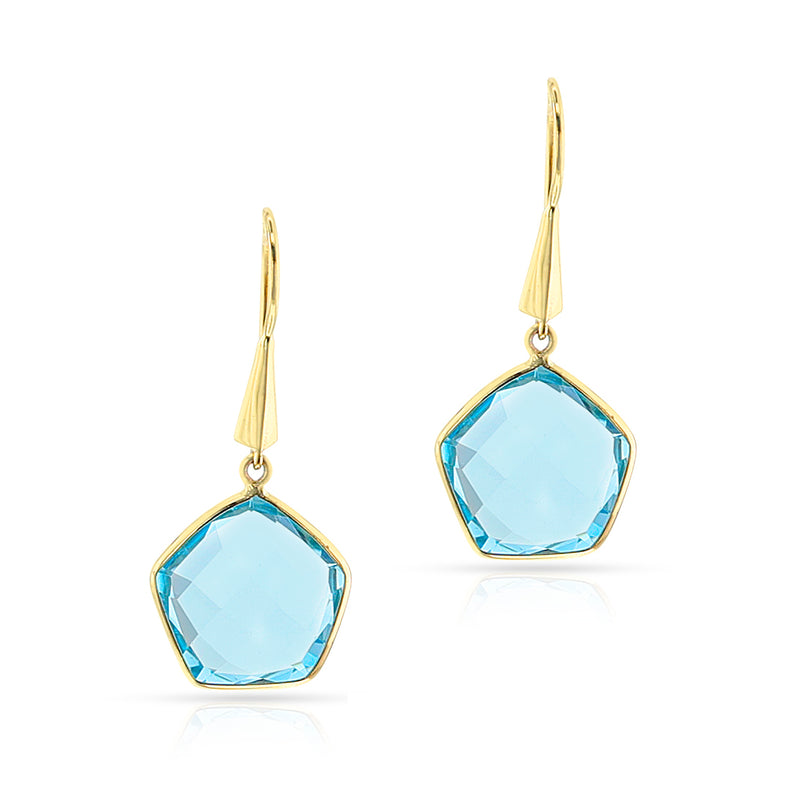 Pentagonal Blue Topaz Gold-Cap Hoop Earrings, 18k