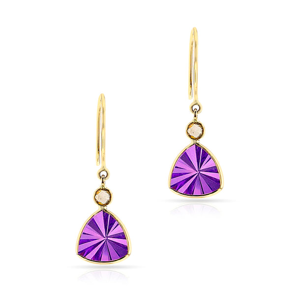 Triangular Amethyst and Diamond Rose Cut Hoop Earrings, 18k