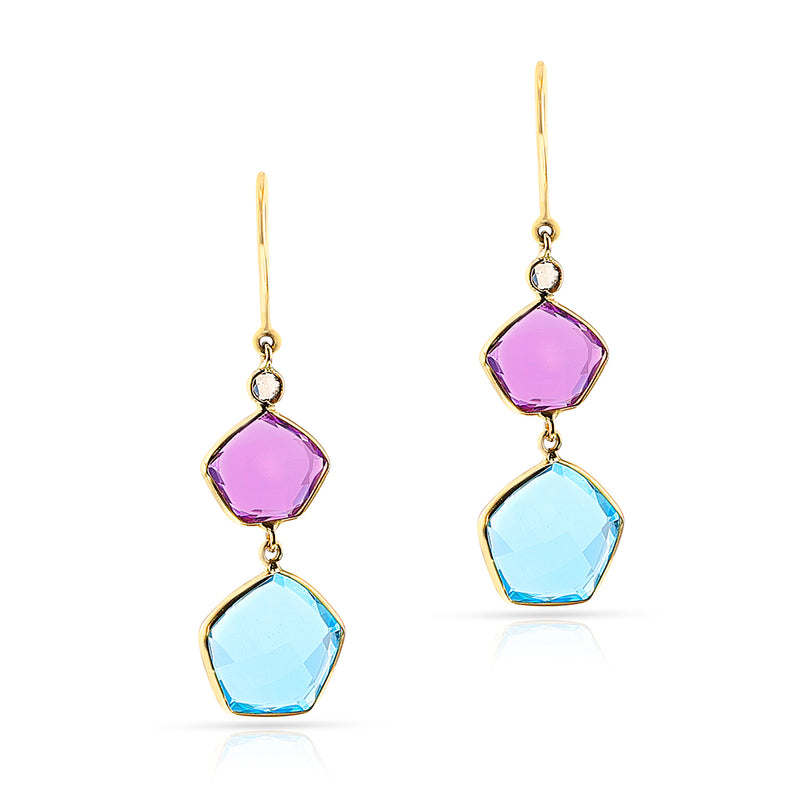 Pentagonal Amethyst and Blue Topaz with Diamond Rose Cut Hoop Earrings, 18k