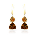 Citrine and Bear Quartz Triangular Dangling Hoop Earrings, 18k