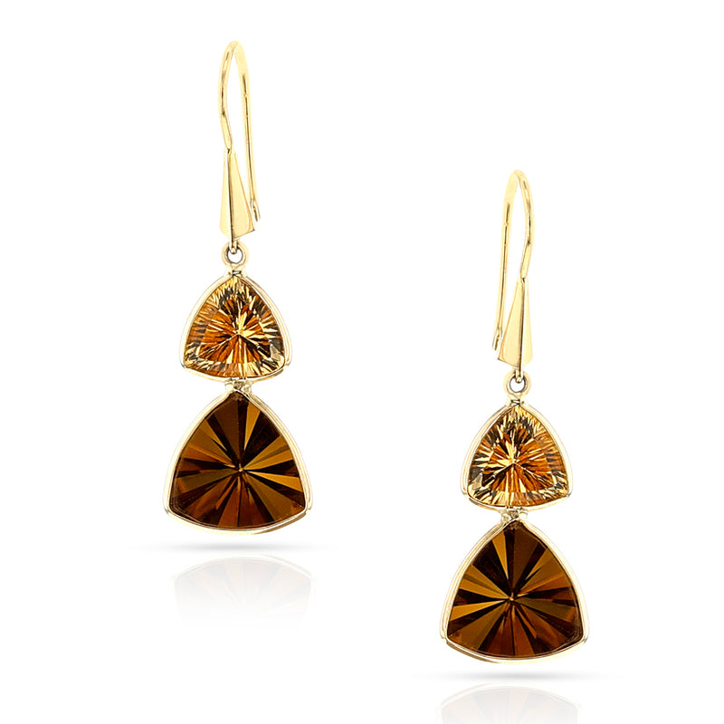 Citrine and Bear Quartz Triangular Dangling Hoop Earrings, 18k