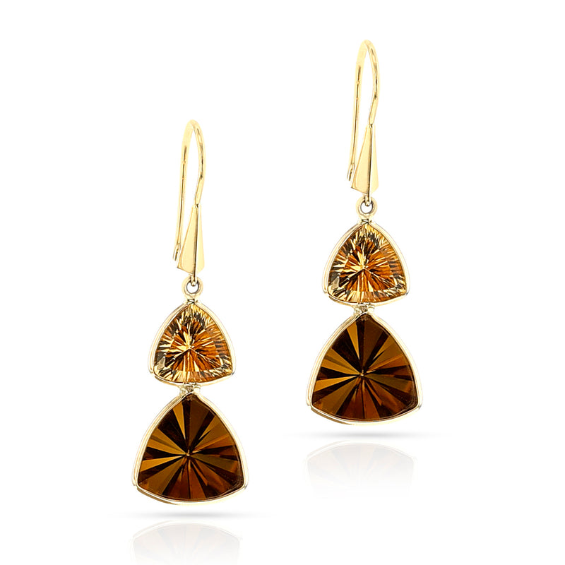 Citrine and Bear Quartz Triangular Dangling Hoop Earrings, 18k