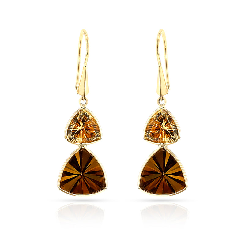 Citrine and Bear Quartz Triangular Dangling Hoop Earrings, 18k