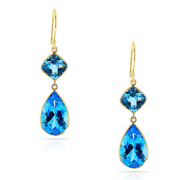 Double Dangling Blue Topaz Hoop Earrings, 18k