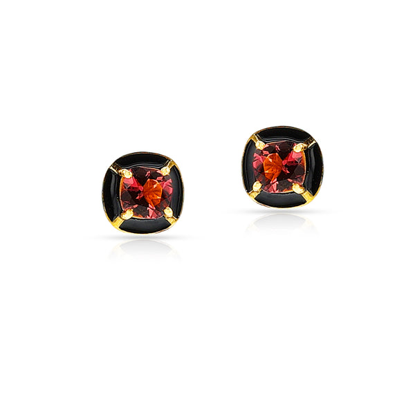 Square Black Enamel and Pink Tourmaline Studs, 18k