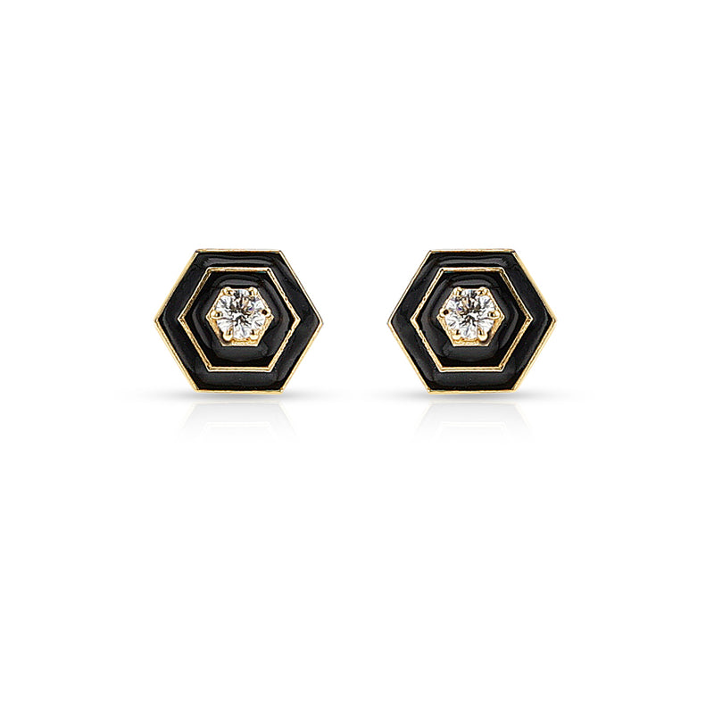 Hexagonal Diamond and Black Enamel Earrings, 18k