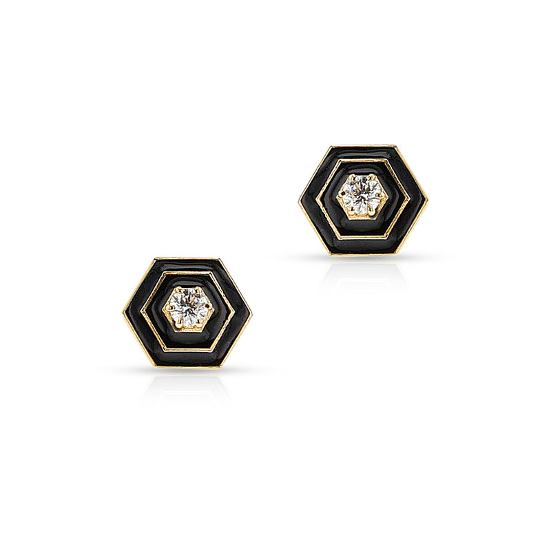 Hexagonal Diamond and Black Enamel Earrings, 18k