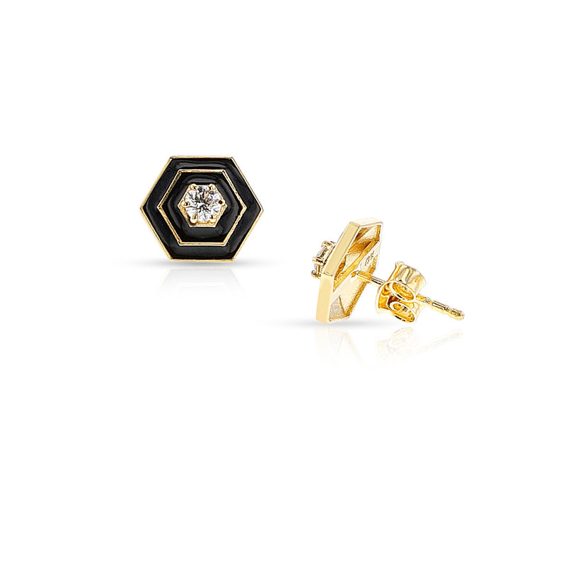 Hexagonal Diamond and Black Enamel Earrings, 18k