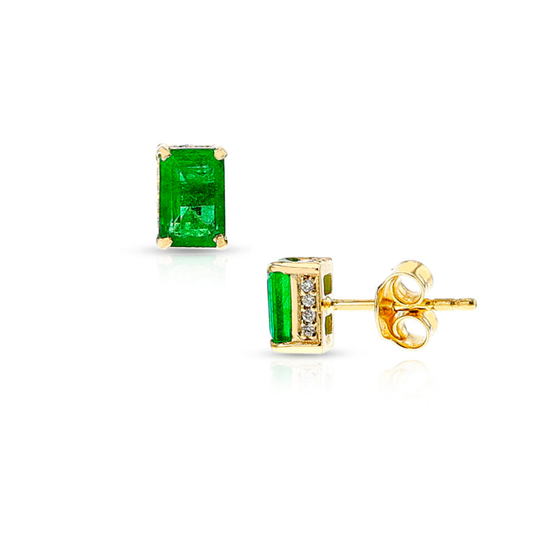 Rectangular Emerald and Diamond Studs, 14k