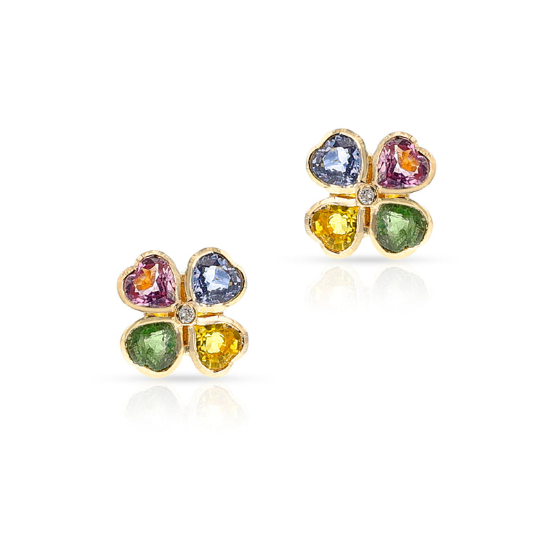 Heart-Shape Multi-Sapphire and Diamond Floral Earrings, 18k
