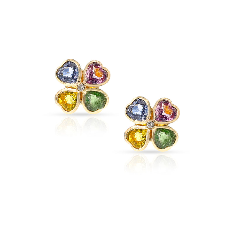 Heart-Shape Multi-Sapphire and Diamond Floral Earrings, 18k