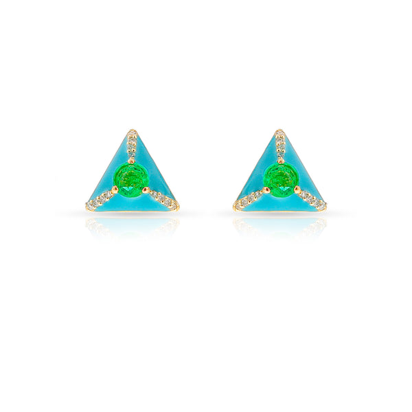 Emerald and Diamond Blue Enamel Triangular Earrings, 18k