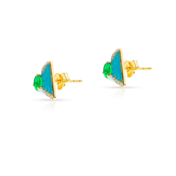 Emerald and Diamond Blue Enamel Triangular Earrings, 18k