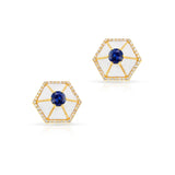 Hexagonal Blue Sapphire, Diamond and White Enamel Earrings, 18k