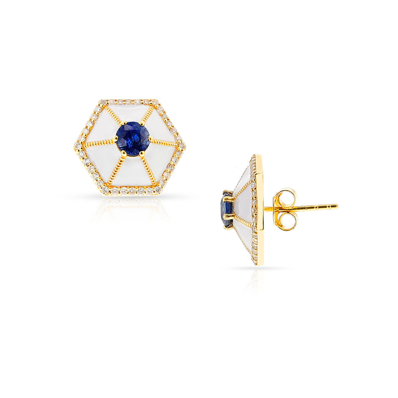 Hexagonal Blue Sapphire, Diamond and White Enamel Earrings, 18k