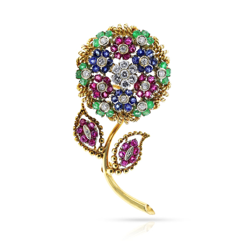 Ruby, Emerald, Sapphire and Diamond Floral Brooch, 18k