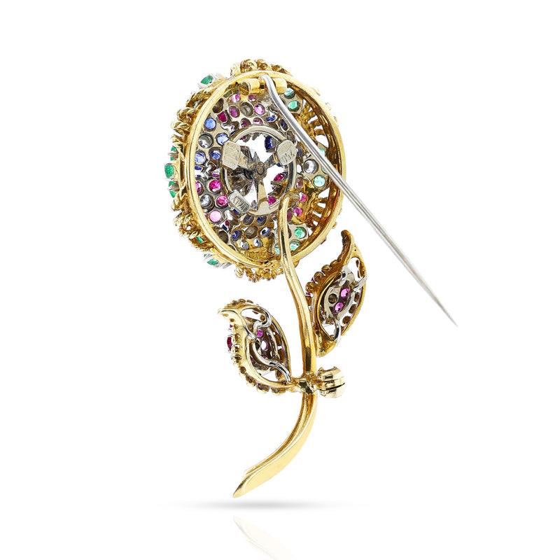 Ruby, Emerald, Sapphire and Diamond Floral Brooch, 18k