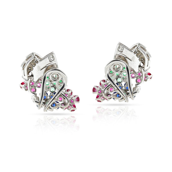 Ruby, Emerald, Sapphire and Diamond Floral Earrings, 18k