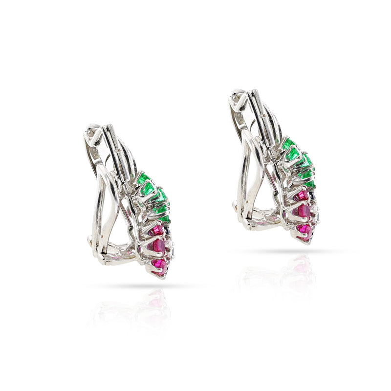 Ruby, Emerald, Sapphire and Diamond Floral Earrings, 18k