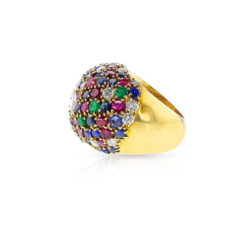 Round Ruby, Emerald, Sapphire and Marquise Diamond Bombe Ring, 18k Yellow