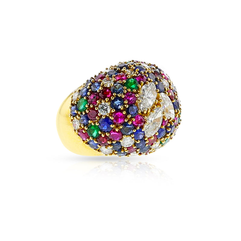 Round Ruby, Emerald, Sapphire and Marquise Diamond Bombe Ring, 18k Yellow