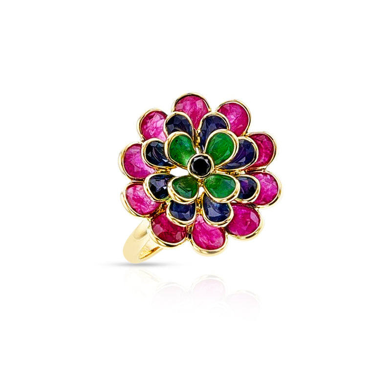 Ruby Emerald Sapphire and Black Diamond Cocktail Floral Ring, 18K