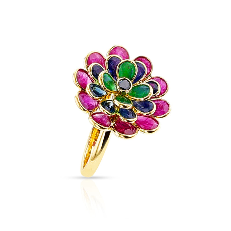 Ruby Emerald Sapphire and Black Diamond Cocktail Floral Ring, 18K