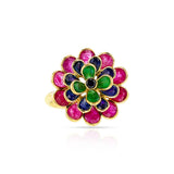 Ruby Emerald Sapphire and Black Diamond Cocktail Floral Ring, 18K