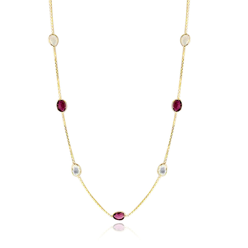 40" Rainbow Moonstone and Pink Tourmaline, 18K