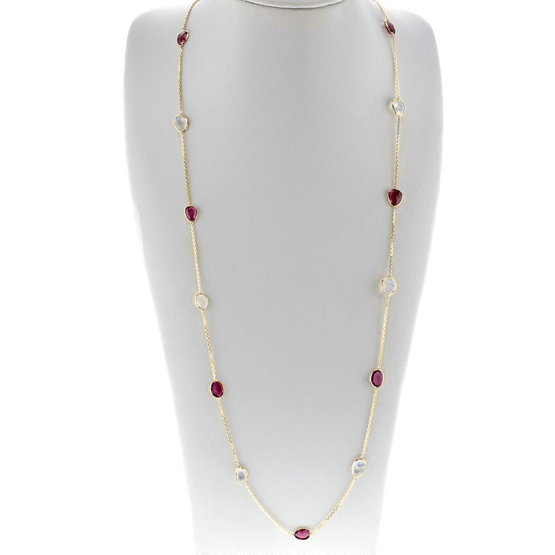 40" Rainbow Moonstone and Pink Tourmaline, 18K