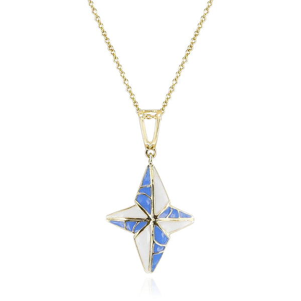 Blue and White Enamel and Gold Lining Kintsugi Pendant Necklace, 14K