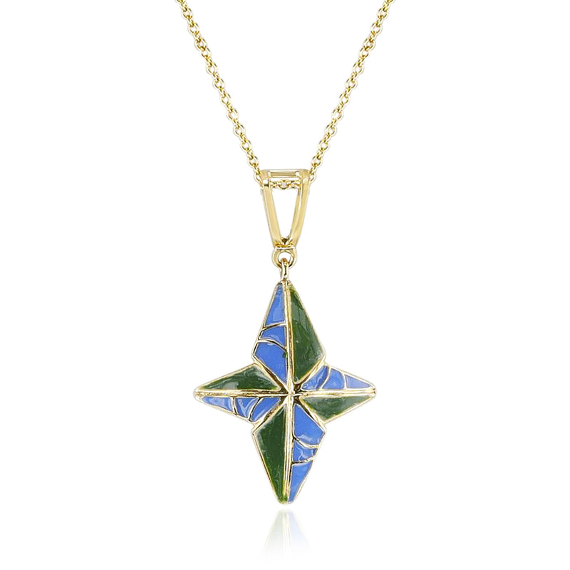 Blue and Green  Enamel and Gold Lining Kintsugi Pendant Necklace, 18k