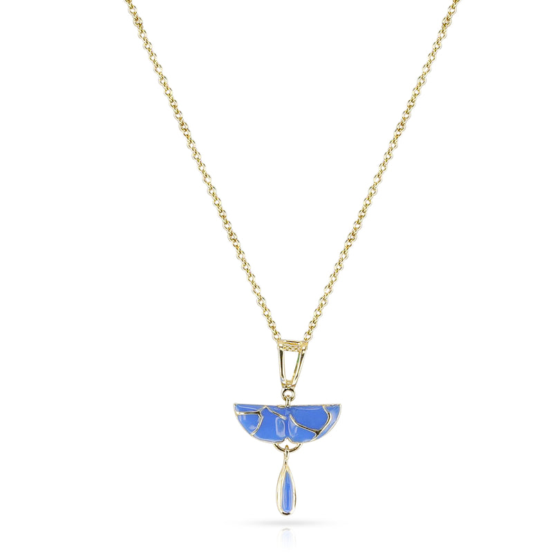 Half Circle and Drop Blue Enamel and Gold Lining Kintsugi Pendant Necklace, 14K