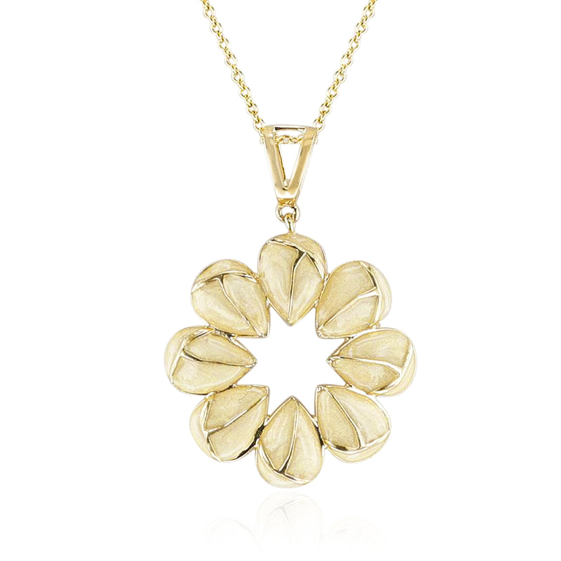 White Floral Enamel and Gold Lining Kintsugi Pendant Necklace, 14K